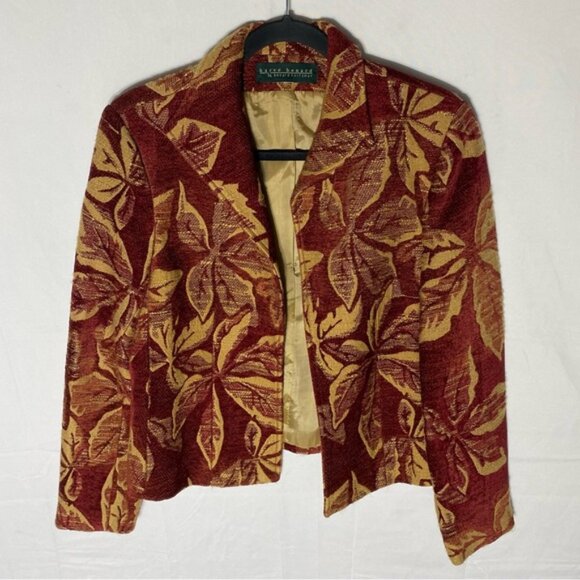 Harvé Benard Red Yellow Chenille Leaf Print Tapestry Open Front Blazer Jacket S - Picture 14 of 14